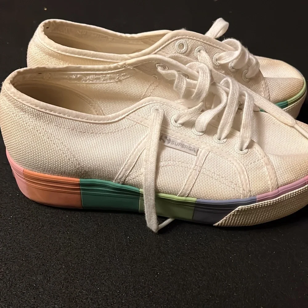Superga White Canvas Platform Sneakers with Subtle Rainbow Trim